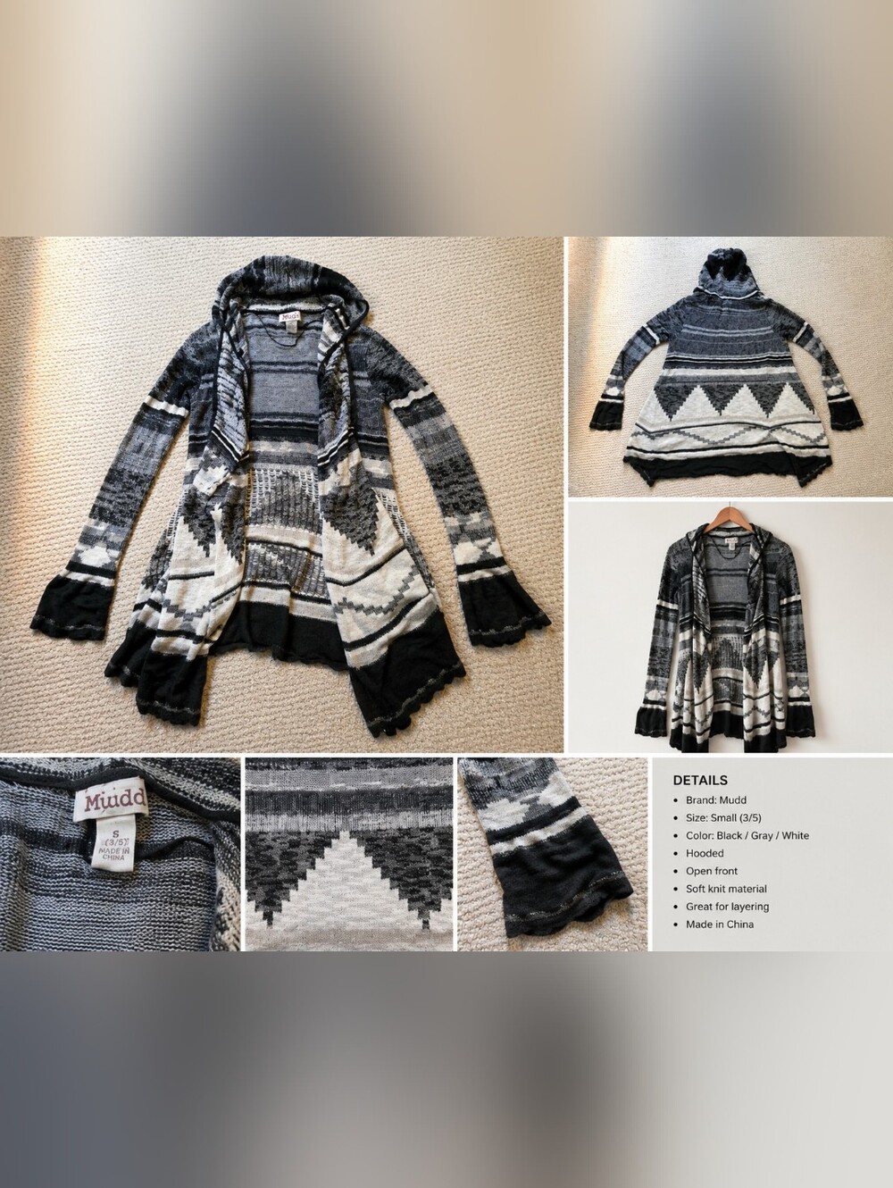 Mudd Women's Black, Gray & Cream Hooded Bohemian Open-Front Cardigan